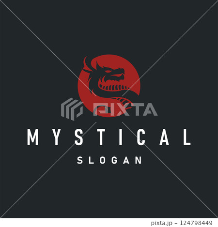 mystical animal legend design with simple dragon logo silhouette and vintage retro ancient illustration templet design 124798449