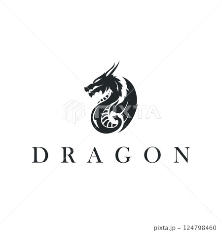 mystical animal legend design with simple dragon logo silhouette and vintage retro ancient illustration templet design 124798460