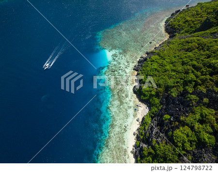 Boat over the blue sea. Tropical Island in El Nido, Palawan. Philippines. 124798722