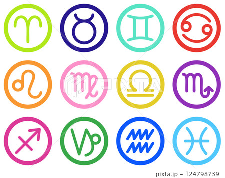 黄道十二星座 カラフルな丸いスタンプ風アイコンセット 黄道十二星座 カラフルな丸いスタンプ風アイコンセット 124798739