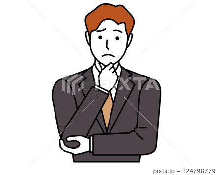 あごに手を当てて悩み顔のスーツの男性。その2 あごに手を当てて悩み顔のスーツの男性。その2 124798779