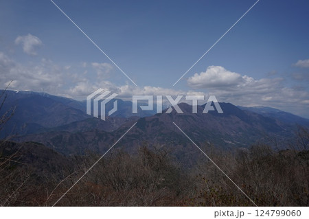 枝垂れ桜が満開の身延山久遠寺とロープウエイ頂上からの風景 124799060