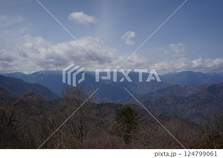 枝垂れ桜が満開の身延山久遠寺とロープウエイ頂上からの風景 124799061