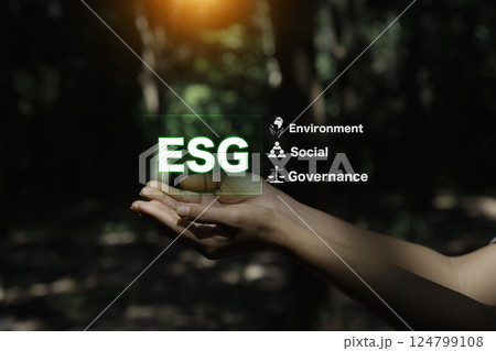 Net zero emission Idea innovation. Environmental, ESG icon on hand. social,Governance.  weather awareness global climate changes. 124799108