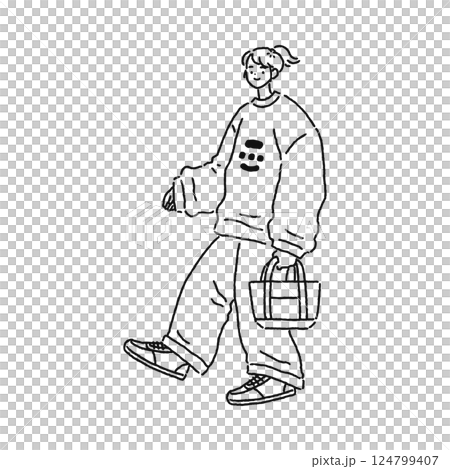 オーバーサイズコーデの女性 線画 オーバーサイズコーデの女性 線画 124799407