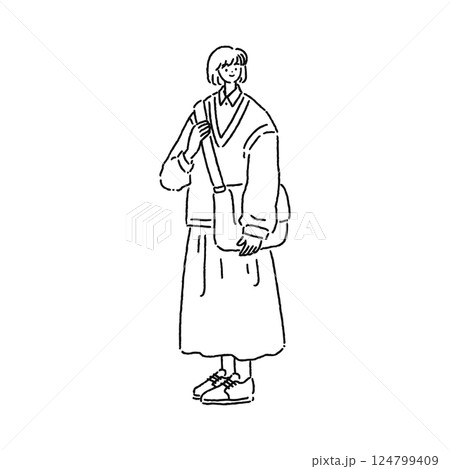 大人可愛いナチュラルコーデの女性 線画 大人可愛いナチュラルコーデの女性 線画 124799409