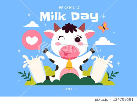World Milk Day Vector Illustration with Milk Bottle and Cute Cow Celebrating Dairy on June 1 in flat Style Cartoon Background 124799591
