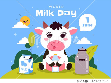 World Milk Day Vector Illustration with Milk Bottle and Cute Cow Celebrating Dairy on June 1 in flat Style Cartoon Background 124799592