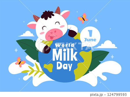 World Milk Day Vector Illustration with Milk Bottle and Cute Cow Celebrating Dairy on June 1 in flat Style Cartoon Background 124799593