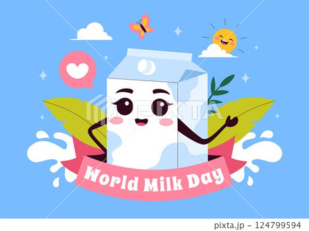 World Milk Day Vector Illustration with Milk Bottle and Cute Cow Celebrating Dairy on June 1 in flat Style Cartoon Background 124799594