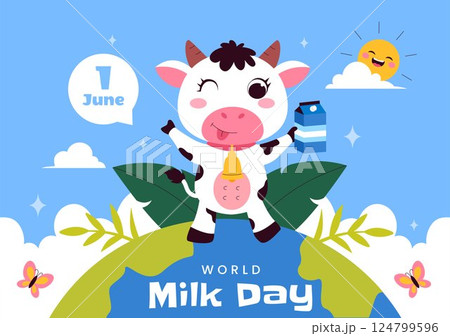 World Milk Day Vector Illustration with Milk Bottle and Cute Cow Celebrating Dairy on June 1 in flat Style Cartoon Background 124799596