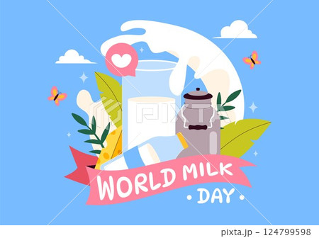 World Milk Day Vector Illustration with Milk Bottle and Cute Cow Celebrating Dairy on June 1 in flat Style Cartoon Background 124799598