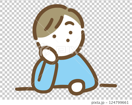 一個穿著休閒服的年輕男子（上半身）托著下巴，神思恍惚。 124799661