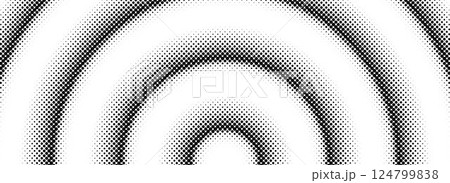 Halftone arch background. Radial comic semi circle wallpaper. Black and white dotted arc gradient. Fading rough dot hemisphere concept. Grungy pop art gradation backdrop. Vector template 124799838