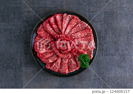 国産黒毛和牛 焼肉用 モモ肉 俯瞰 国産黒毛和牛 焼肉用 モモ肉 俯瞰 124800157