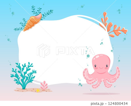 Vector frame with octopus and underwater elements, isolated on white 124800434