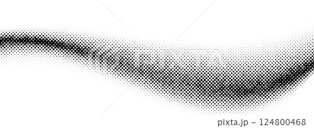 Black halftone wave background. Dotted curved flow wallpaper. Abstract grainy fluid backdrop texture. Vector grit pop art swoosh element for poster, banner, overlay, template, brochure, flyer, leaflet 124800468