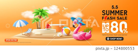 Summer podium flash sale, pink flamingo inflatable swimming pool, coconut trees, beach umbrella on island beach banner design 124800553