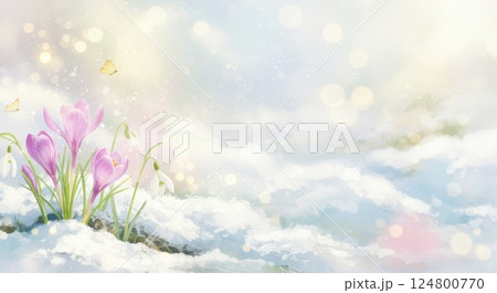 雪解けの小川に咲く花と蝶の春の水彩画 124800770