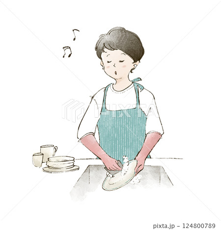 イヤホンをして食器洗いをする主婦 124800789
