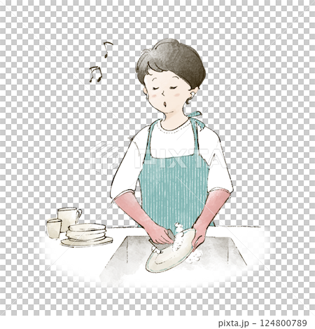 イヤホンをして食器洗いをする主婦 124800789
