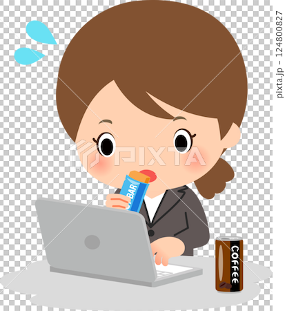 Woman eating an energy bar while working on a computer 124800827