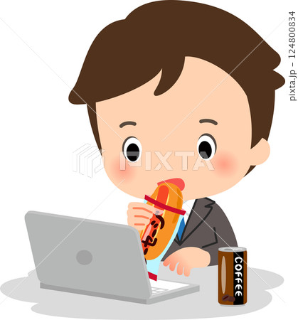 パソコン作業をしながら袋パンを食べる男性 パソコン作業をしながら袋パンを食べる男性 124800834