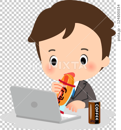 パソコン作業をしながら袋パンを食べる男性 パソコン作業をしながら袋パンを食べる男性 124800834