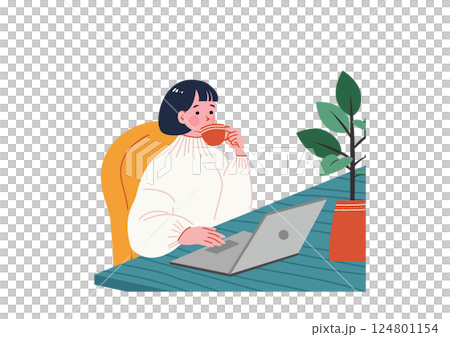 一位女士在家中的辦公桌前工作,喝著咖啡 一位女士在家中的辦公桌前工作,喝著咖啡 124801154