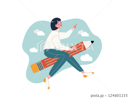 鉛筆に乗って飛び立つ女性 124801155