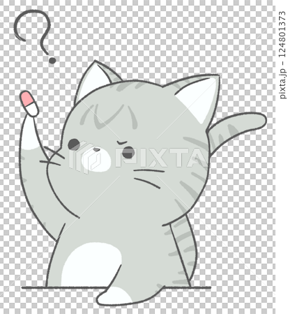 A brown tabby cat frowning as he stares at medicine 124801373