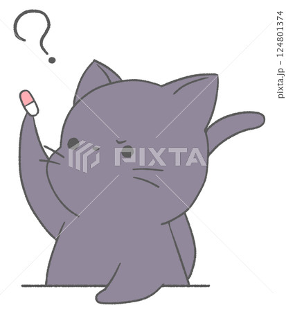 薬を見つめて眉をひそめる黒猫 124801374