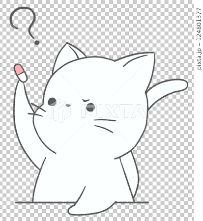 A white cat frowning as it stares at medicine A white cat frowning as it stares at medicine 124801377