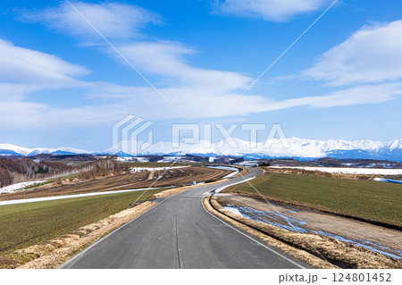 雪解けが進む春の北海道美瑛町の雄大な風景 124801452