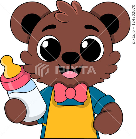 Cute Baby Teddy Bear Mascot Holding Milk Bottle for Sticker or Logo 124802070