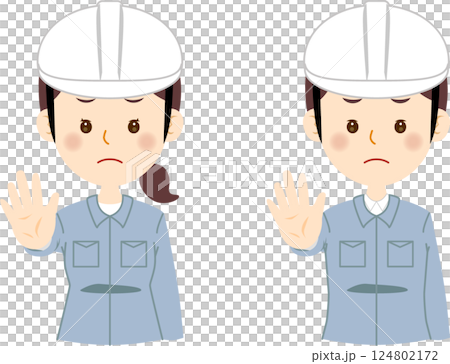 一名身穿藍色工作服的男子和一名女子指著自己的手 124802172