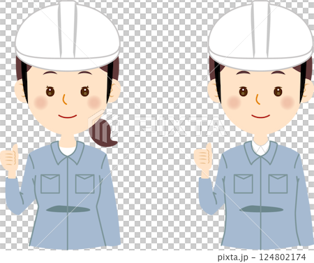 いいねをする青い作業着の男女 いいねをする青い作業着の男女 124802174