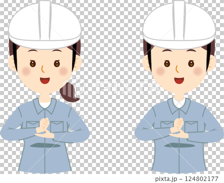 納得する青い作業着の男女 124802177