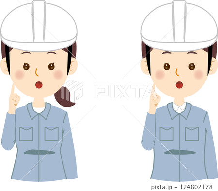 疑問に思う青い作業着の男女 124802178