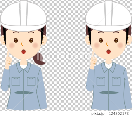 疑問に思う青い作業着の男女 124802178