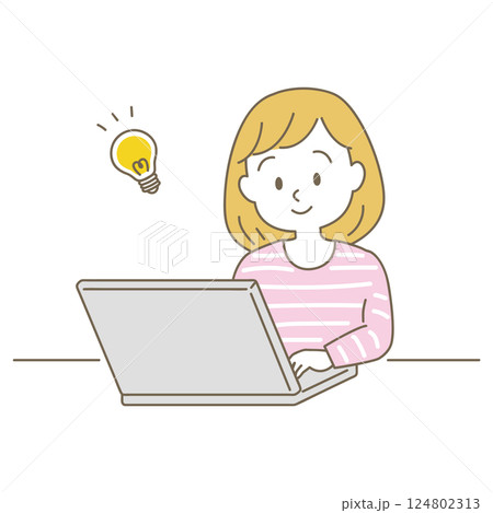 20～40代、在宅仕事をす女性のビジネスシーン、シンプルかわいい線タイプ（カジュアルな服装・電球） 124802313