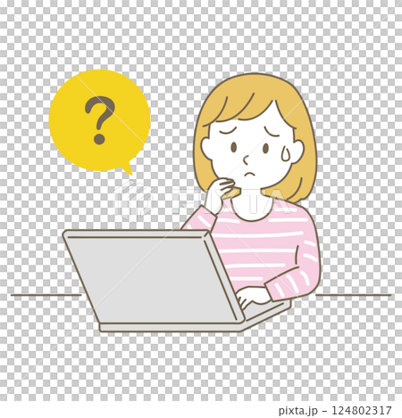 Business scene of women in their 20s to 40s working from home, simple and cute line style (casual clothes, question mark) 124802317