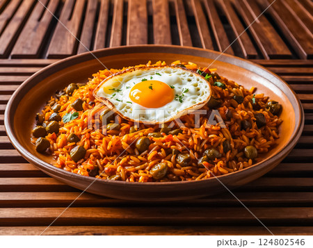 Closeup view of Spanish Arroz Cubano a simple spanish rice dish topped with fried egg in brown ceramic bowl on wooden table. Closeup view of Spanish Arroz Cubano a simple spanish rice dish topped with fried egg in brown ceramic bowl on wooden table. 124802546