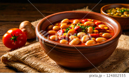 Spanish fabada asturiana white bean stew in clay bowl on sack cloth with garlic and tomato on wooden table. Spanish fabada asturiana white bean stew in clay bowl on sack cloth with garlic and tomato on wooden table. 124802555