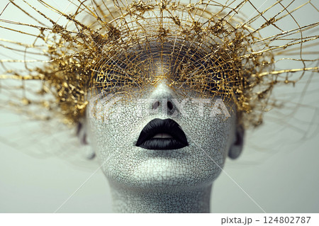 A striking mannequin features a delicate golden headpiece and bold black lips, showcasing a fusion of art and fashion in a contemporary exhibition space. A striking mannequin features a delicate golden headpiece and bold black lips, showcasing a fusion of art and fashion in a contemporary exhibition space. 124802787