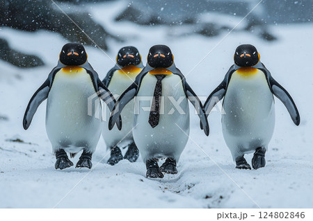 雪の中を行進するネクタイ姿のペンギンたち 124802846