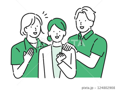 イラスト素材【介護イメージ】：高齢者を支える若い介護スタッフ 124802908