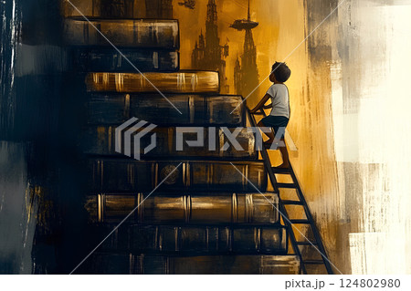 A young boy ascends a ladder made of books, reaching for a seemingly unreachable skyline filled with whimsical structures. The scene evokes themes of exploration and learning. 124802980