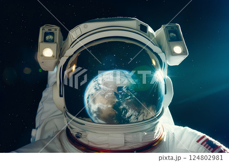 An astronaut drifts weightlessly in the vastness of space, with a stunning view of Earth reflected in the helmet visor. The image captures the awe of exploration. An astronaut drifts weightlessly in the vastness of space, with a stunning view of Earth reflected in the helmet visor. The image captures the awe of exploration. 124802981