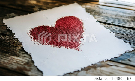 A heart drawn with red paint sits on textured paper, resting on a weathered wooden table. This composition captures the essence of love and artistic expression in a serene setting. 124803162